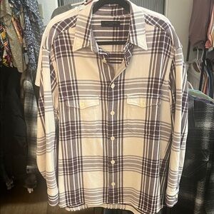 All Saints Oversized Creme and Burgundy Plaid Button Down Shirt